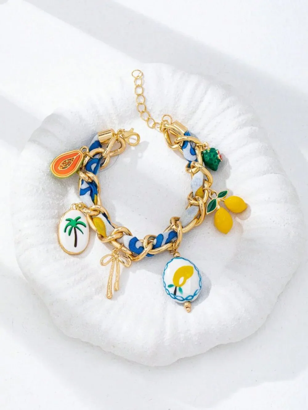 Multicolor Woven Women's Fruit Bracelet with Lemon & Palm Tree Pendant - Picture 3 of 3